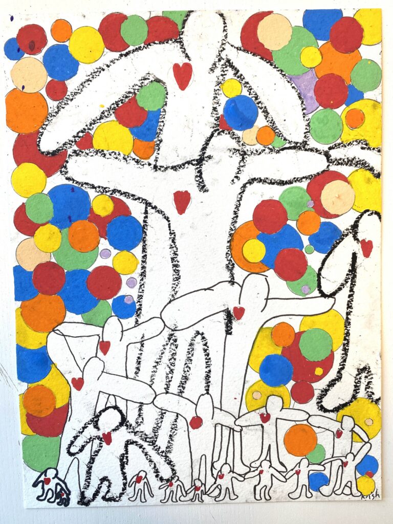 Student artwork of white figures under a tree of coloured circles